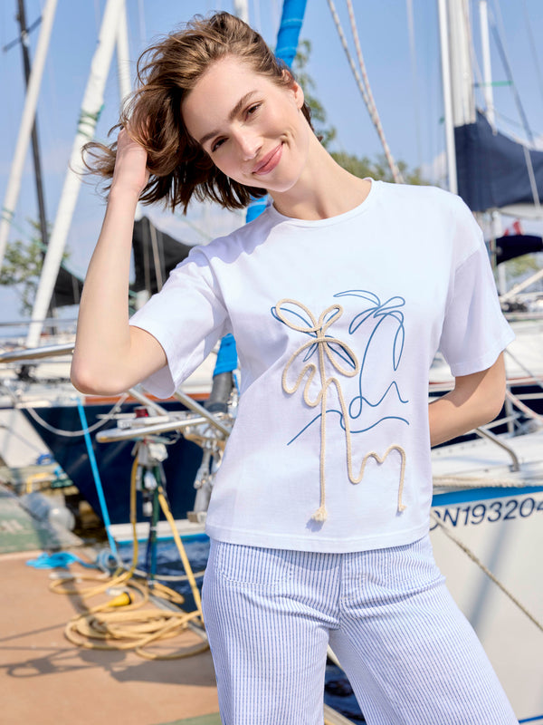 Printed Crew Neck T-Shirt With Soutache Detail - White