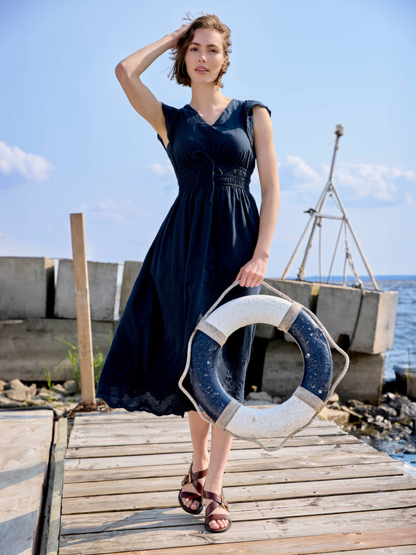 Embroidered V-Neck Midi Dress - Navy