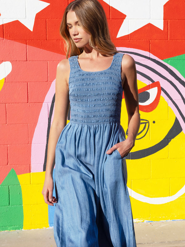 Tencel Sleeveless Smocked Maxi Dress - Soft Blue