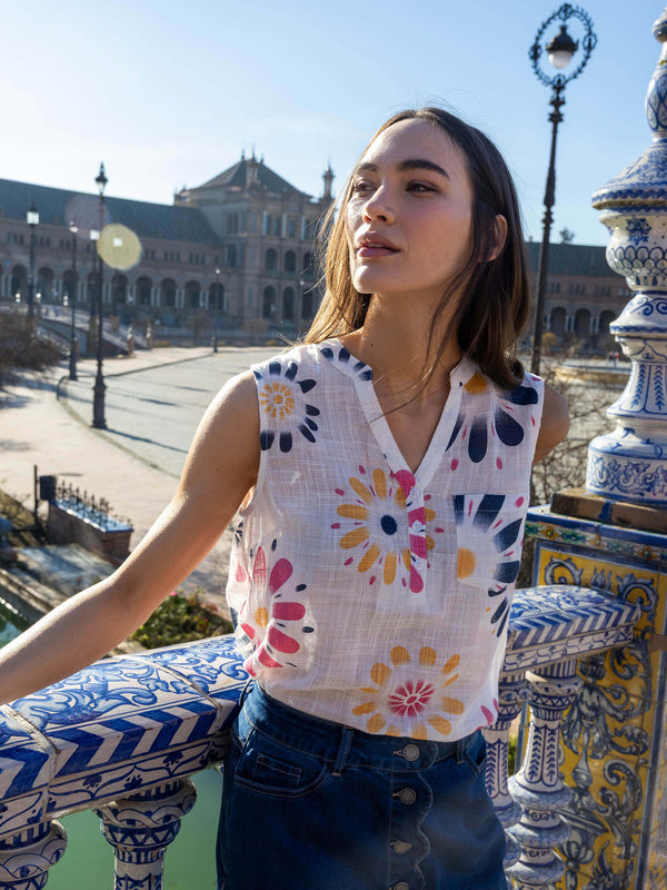 Printed Cotton Gauze Sleeveless Shirt - Daisies