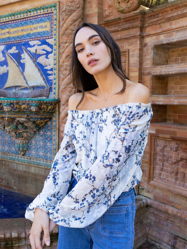 Printed Eyelet Off-Shoulder Blouse - Blossom