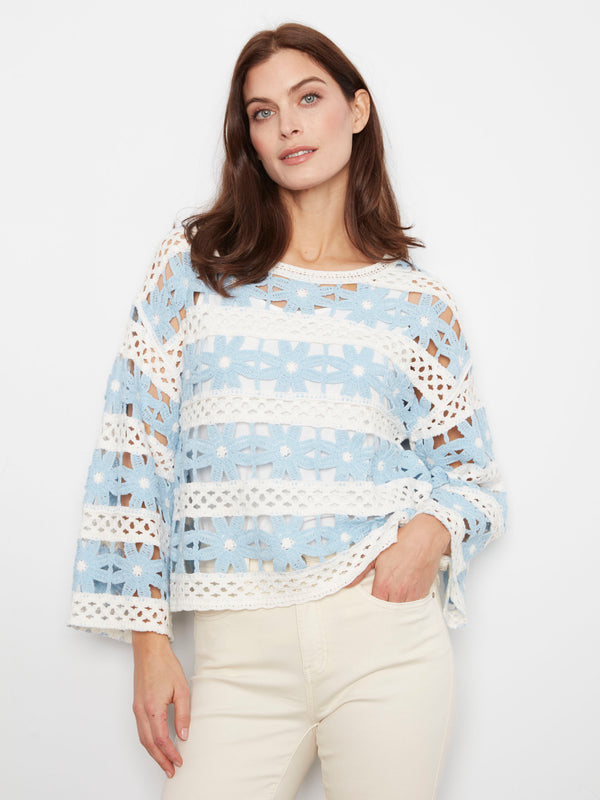 Floral Cotton Blend Crochet Top - Bluebell