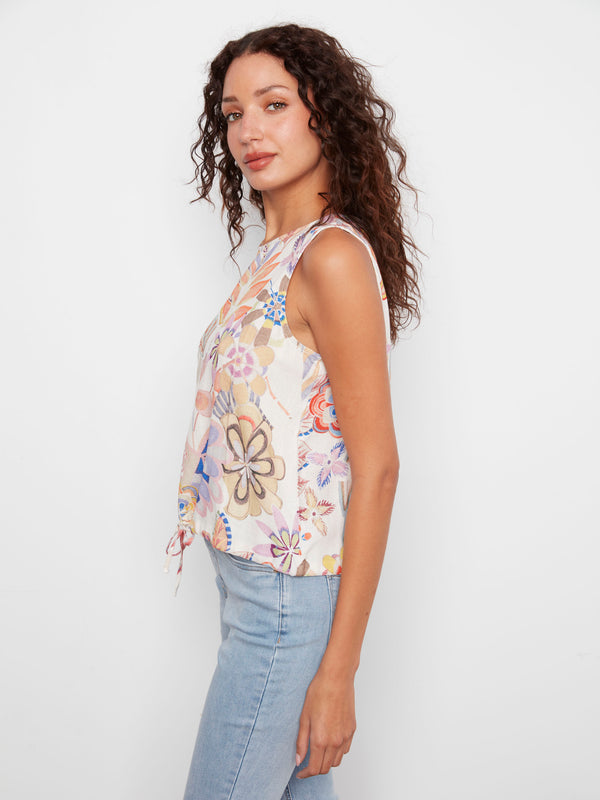 Printed Sleeveless Linen Blend Top With Drawcord - Maui