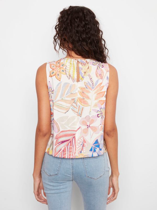 Printed Sleeveless Linen Blend Top With Drawcord - Maui