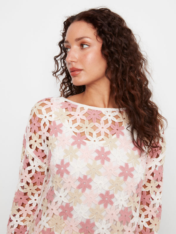 Cotton Blend Crochet Flower Top - Carnation