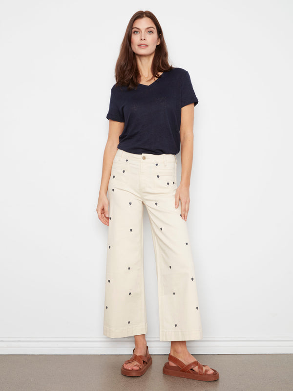 Embroidered Cropped Patch Pocket Flare Twill Pants - Natural