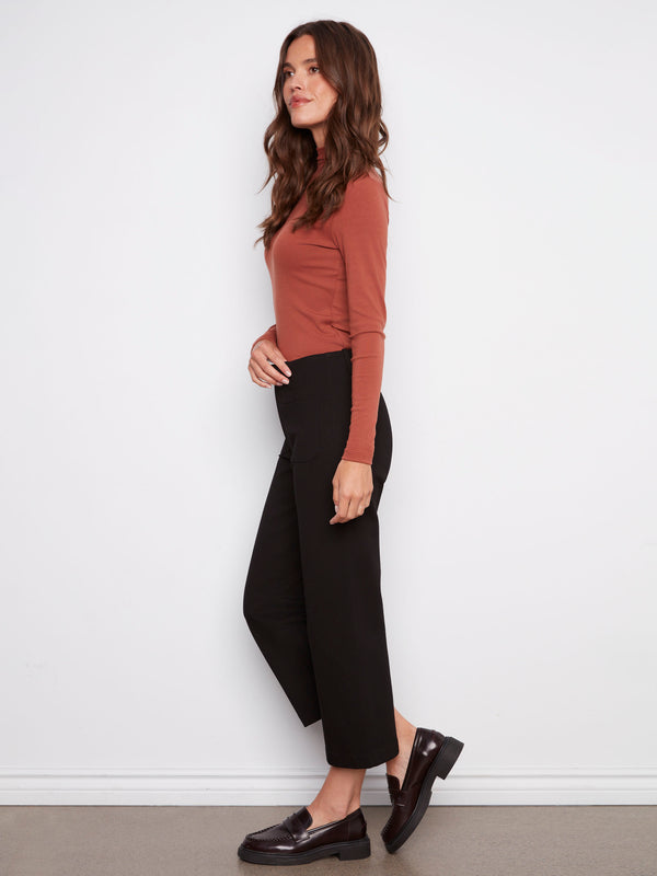 Patch Pocket Wide Leg Ponte Pants - Black