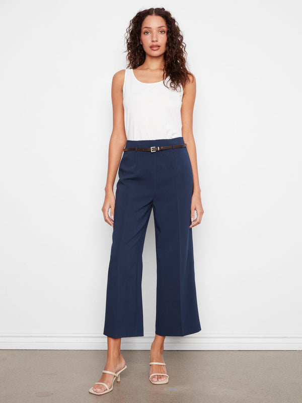 Cropped Dressy Belted Pants - Navy