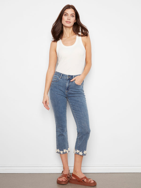 Cropped Flare Jeans With Floral Hem - Medium Blue