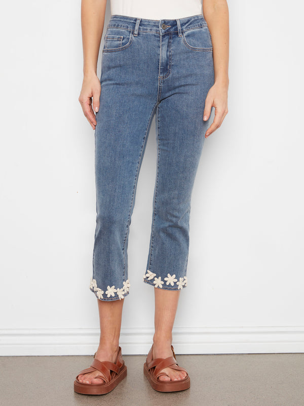 Cropped Flare Jeans With Floral Hem - Medium Blue