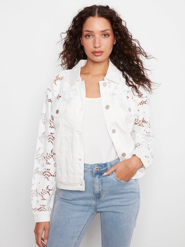 Floral Embroidered Twill Jean Jacket - White