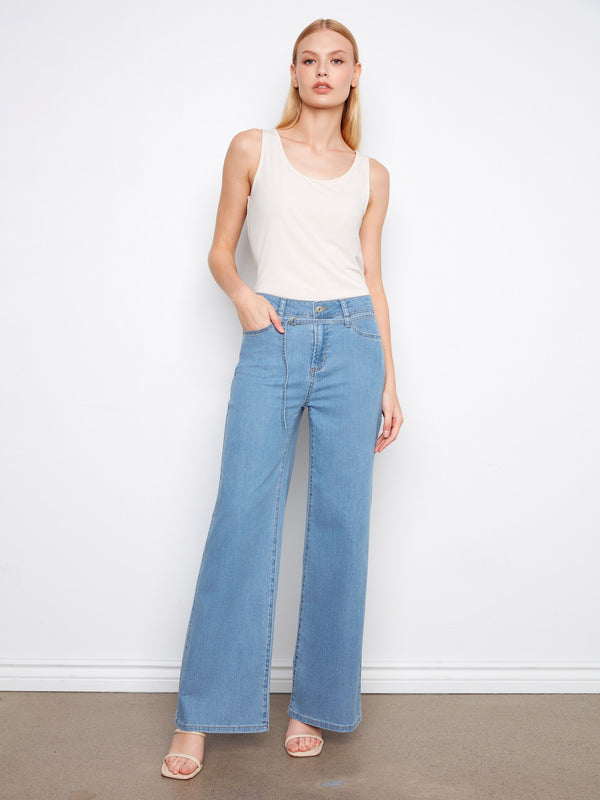 Belted Wide Leg Jeans - Light Blue