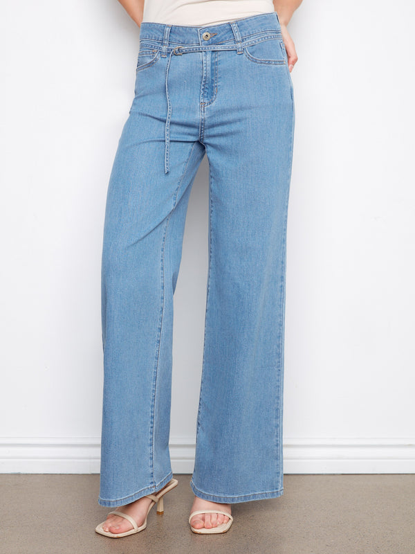 Belted Wide Leg Jeans - Light Blue