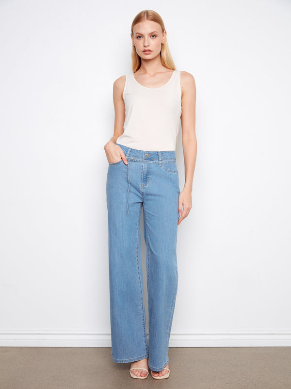 Belted Wide Leg Jeans - Light Blue