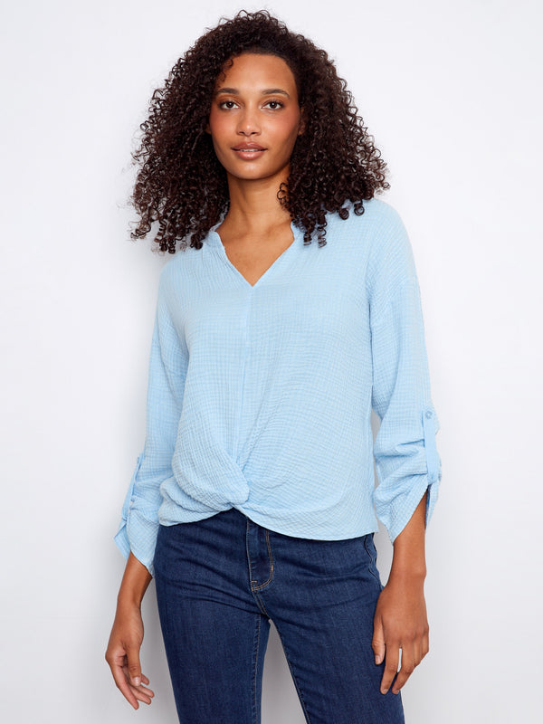 Bubble Cotton Blouse With Front Twist - Bluebell