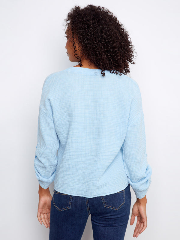Bubble Cotton Blouse With Front Twist - Bluebell