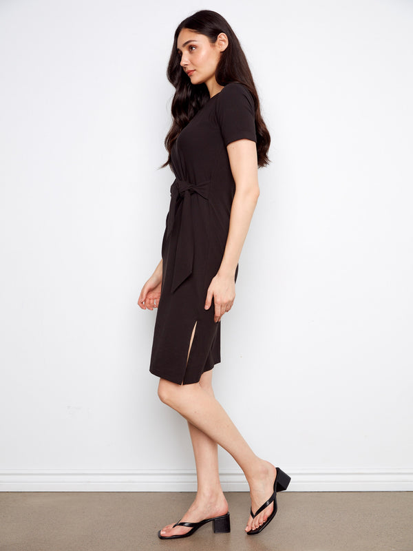 Cotton Boat Neck Dress - Black