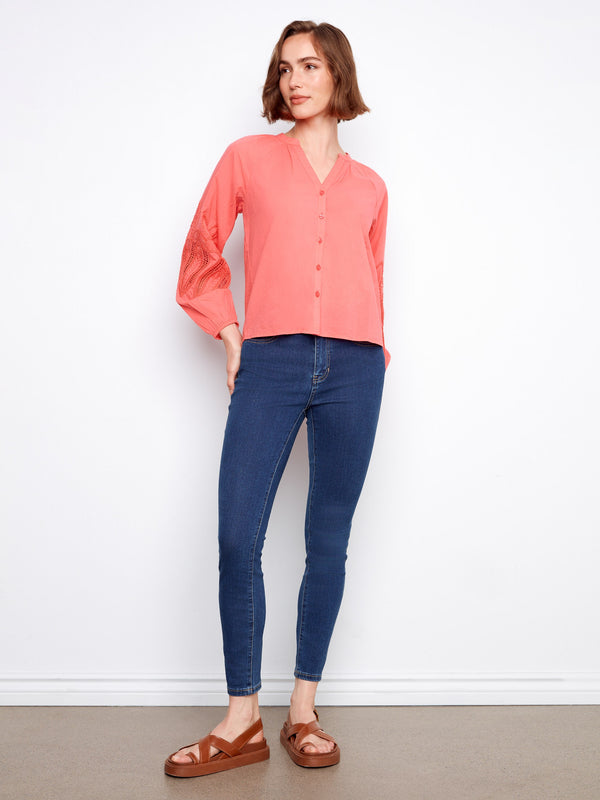 Cotton Button-Front Embroidered Blouse - Sorbet