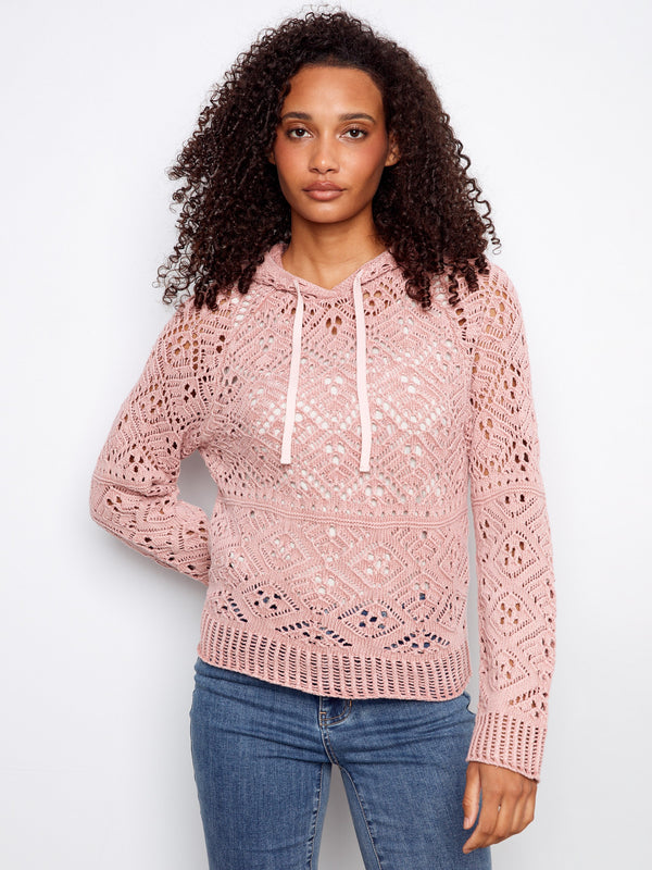 Cotton Crochet Hoodie Sweater - Carnation