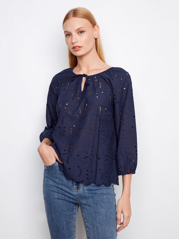 Cotton Eyelet Blouse - Navy