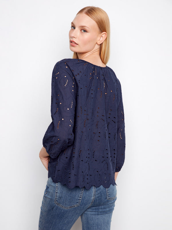 Cotton Eyelet Blouse - Navy