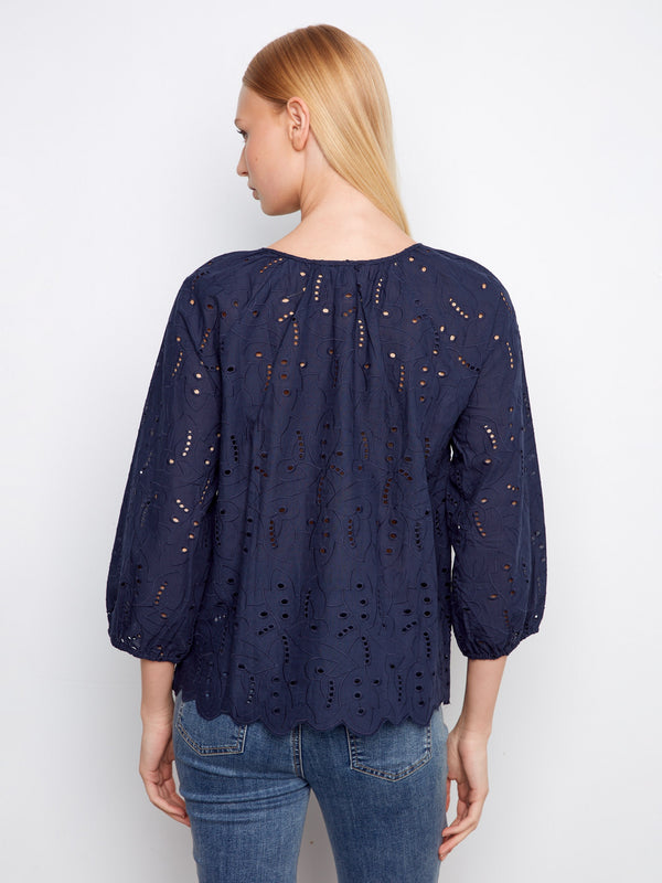 Cotton Eyelet Blouse - Navy
