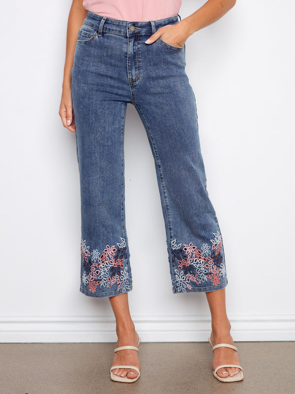 Cropped Flare Jeans With Eyelet Embroidery - Medium Blue