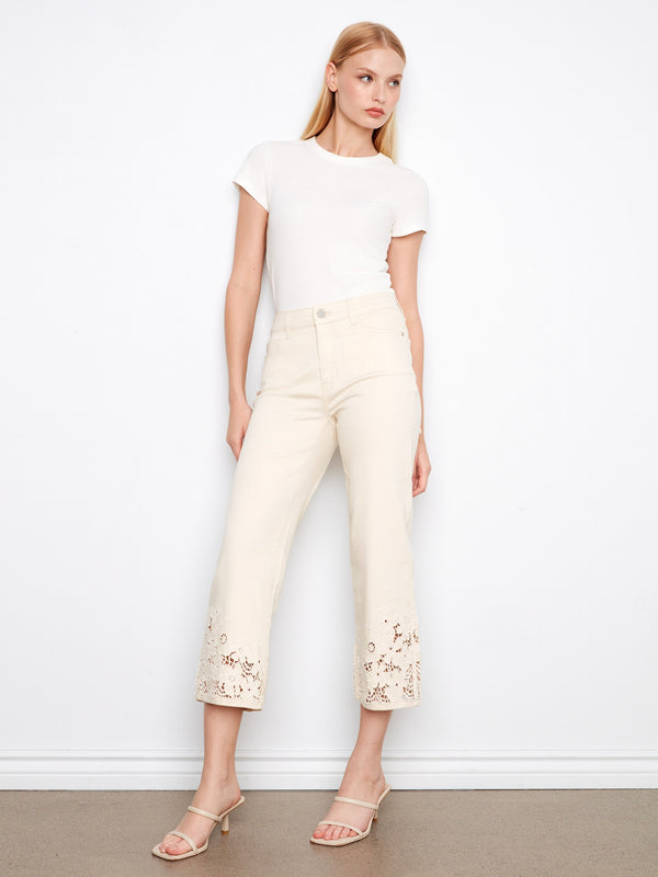 Cropped Flare Twill Jeans With Floral Lace Hem - Natural