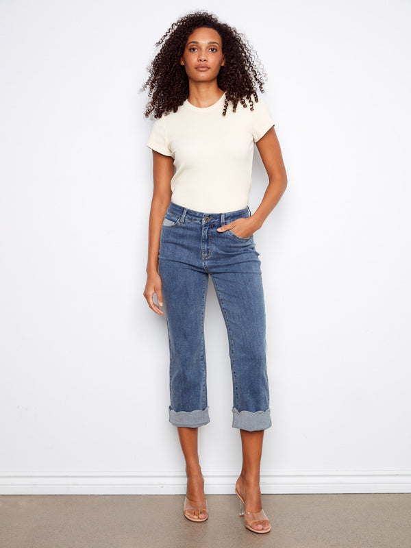 Cropped Jeans With Contrast Scallop Cuff - Medium Blue