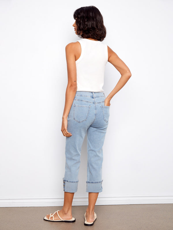 Cropped Jeans With Snap Button Cuff - Light Blue