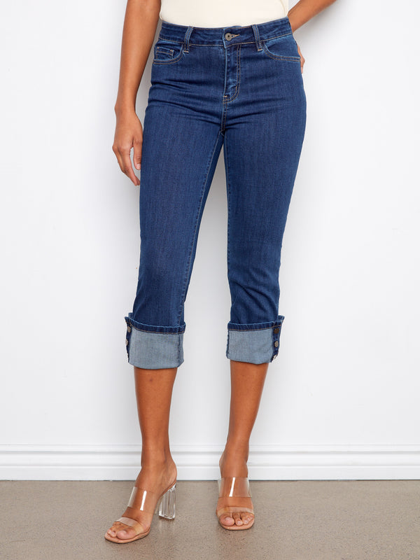 Cropped Jeans With Snap Button Cuff - Indigo