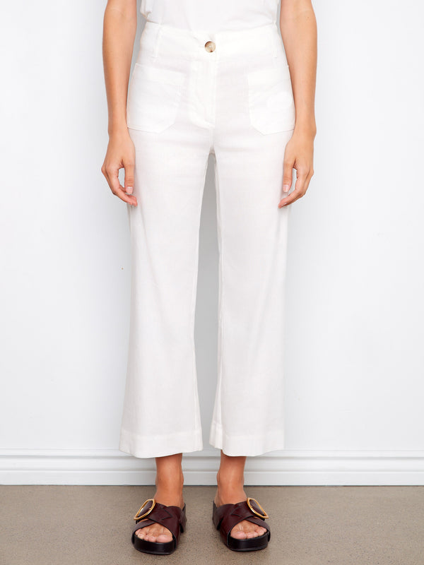 Cropped Linen Blend Pants - White