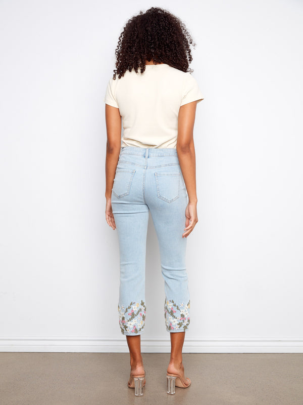 Cropped Slim Jeans with Embroidery - Light Blue