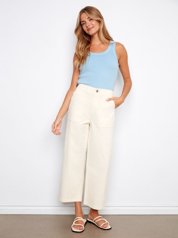 Cropped Utility Pocket Twill Pants - Natural