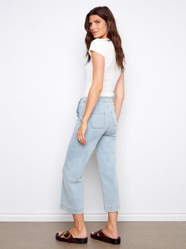 Cropped Wide Leg Jeans With Side Buttons - Light Blue