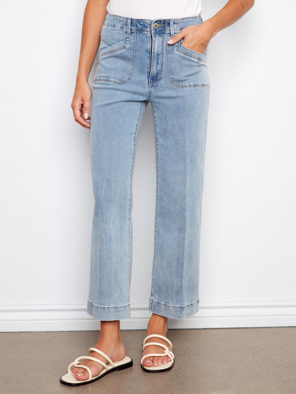 Cropped Wide Leg Stretch Jeans - Light Blue