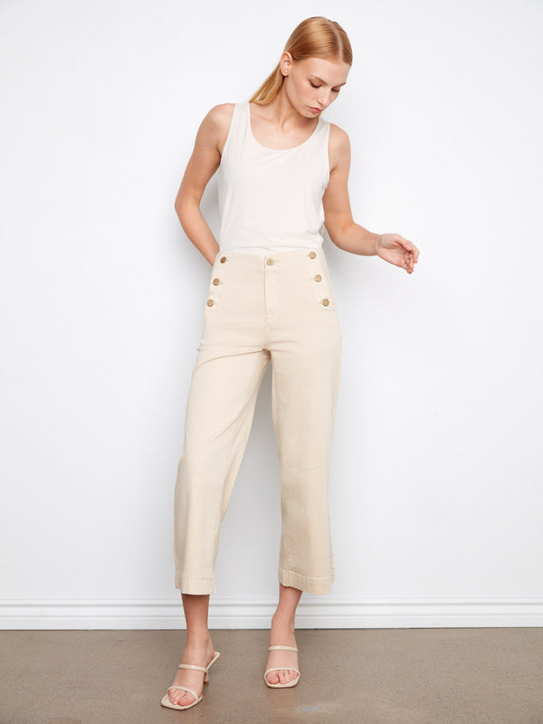Cropped Wide Leg Twill Pants With Side Buttons - Beige