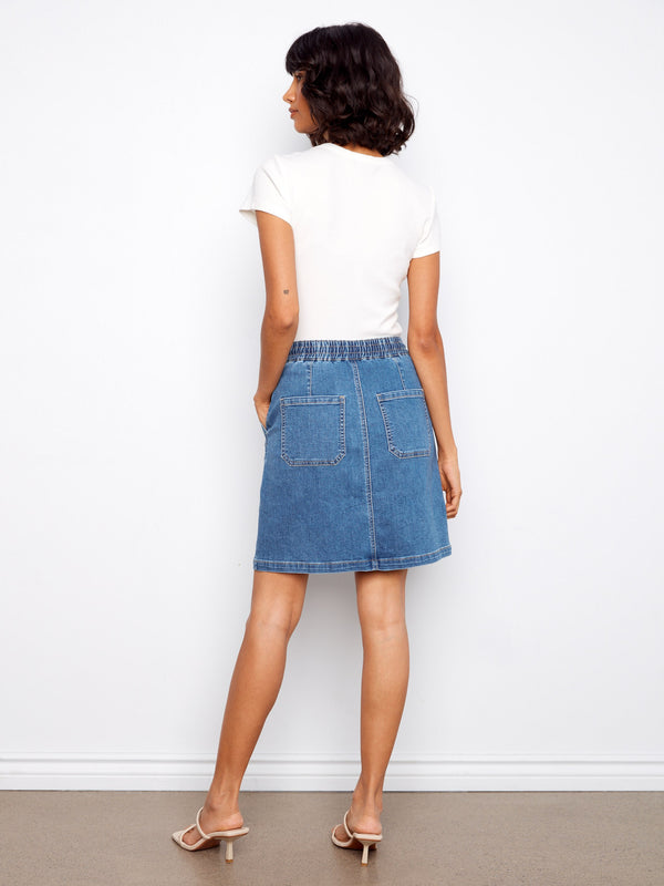 Drawstring Denim Skort With Patch Pockets - Soft Blue