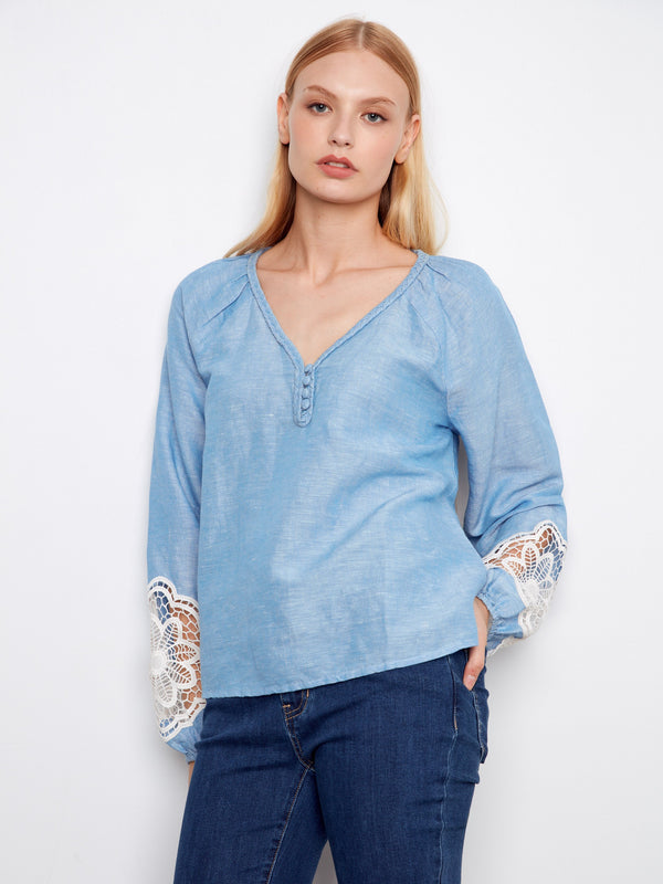 Embroidered Cotton-Linen Blend Blouse - Chambray