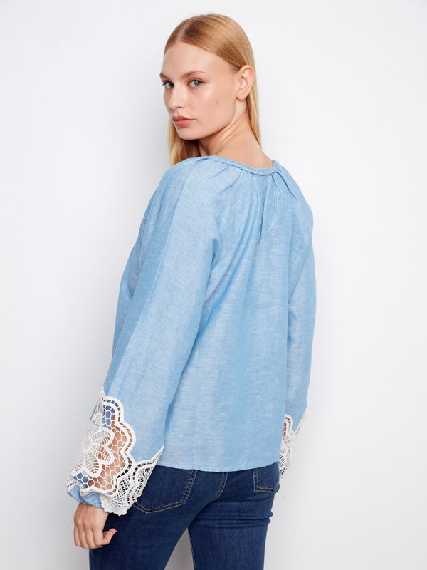 Embroidered Cotton-Linen Blend Blouse - Chambray
