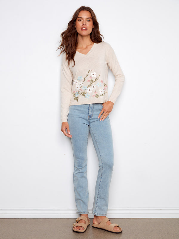 Embroidered Cotton V-Neck Sweater - Wildflowers