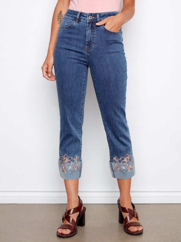 Embroidered Cuff Cropped Jeans - Medium Blue