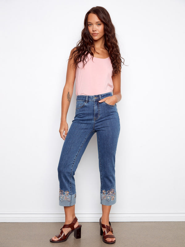 Embroidered Cuff Cropped Jeans - Medium Blue