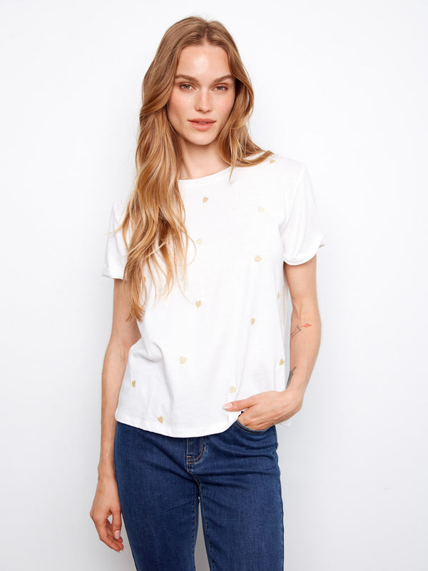 Embroidered Hearts Cotton Jersey T-Shirt - White