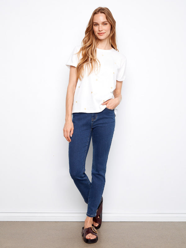 Embroidered Hearts Cotton Jersey T-Shirt - White