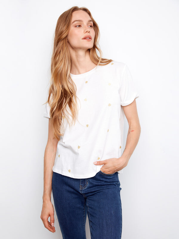 Embroidered Hearts Cotton Jersey T-Shirt - White