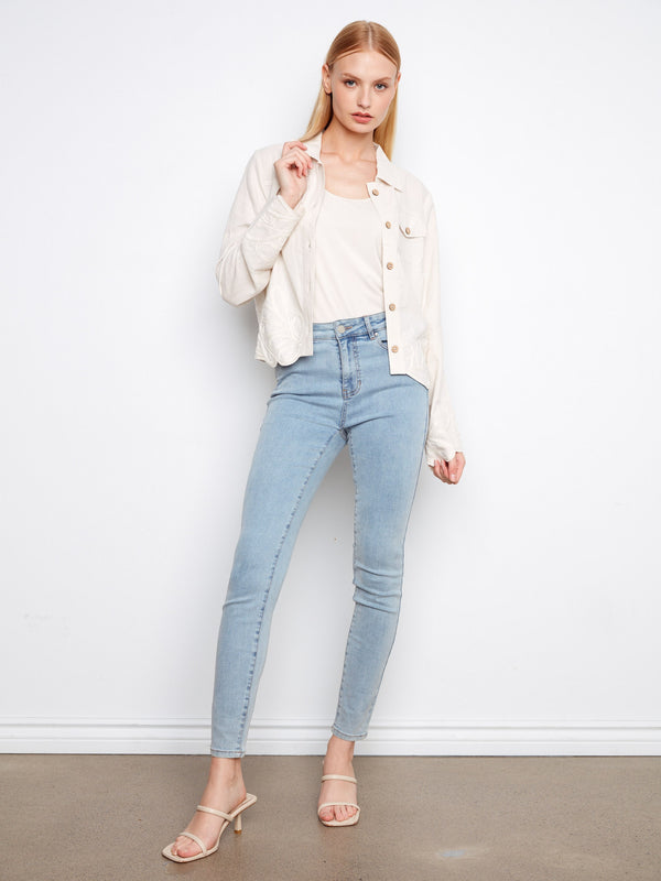 Embroidered Hem Linen Blend Jacket - Natural