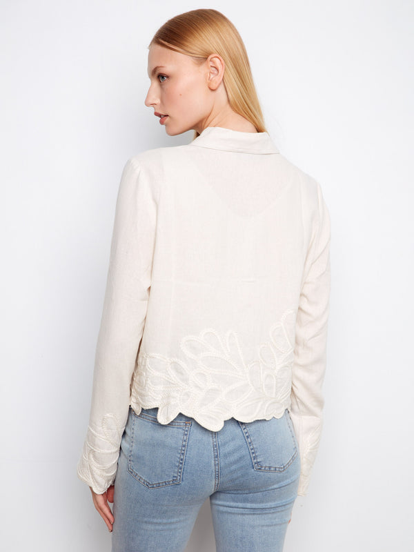 Embroidered Hem Linen Blend Jacket - Natural