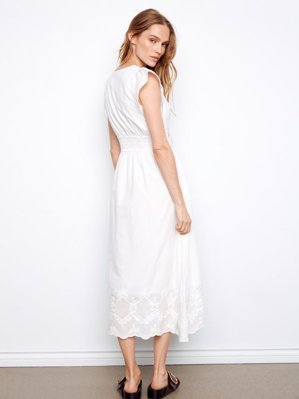 Embroidered V-Neck Midi Dress - White