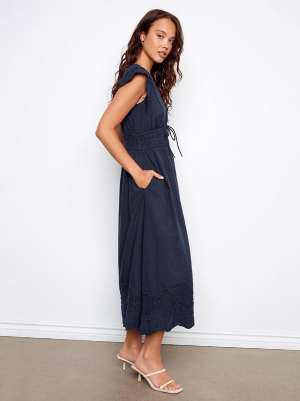 Embroidered V-Neck Midi Dress - Navy